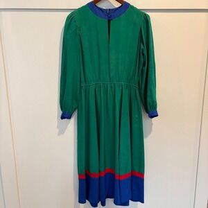 Vintage 80s Silk Dress 6 Green Blue Midi Colorblock Jewel Tone Hong Kong Classic